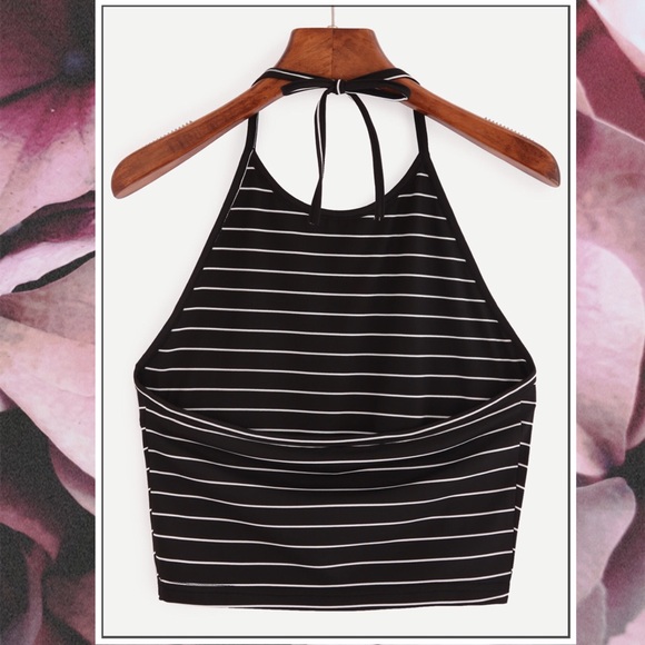 NEW Crop Halter Top Black White Striped OS - Picture 4 of 4